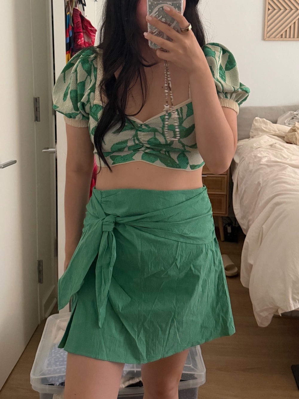 Zara Green Knit Floral Crop Top and Green Wrap Mini Skirt Set